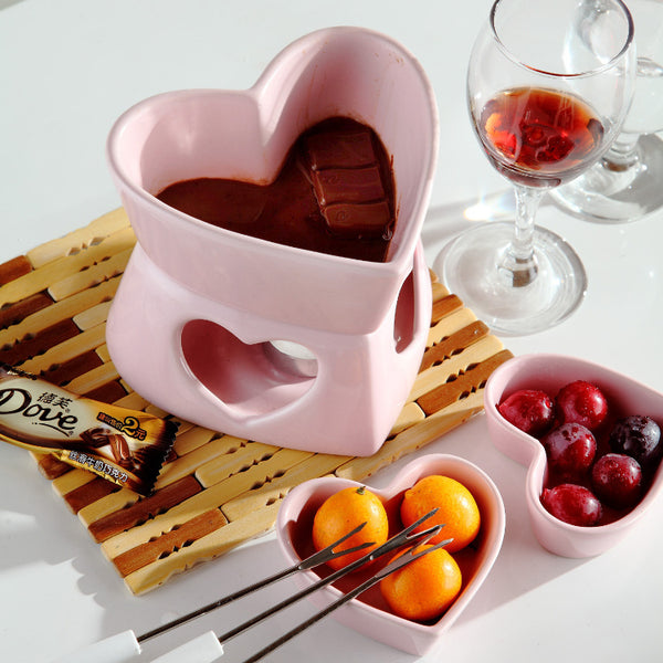 PINK HEART SHAPED CHOCOLATE FONDUE SET