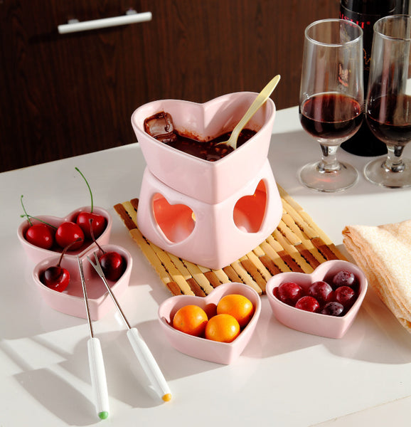 PINK HEART SHAPED CHOCOLATE FONDUE SET