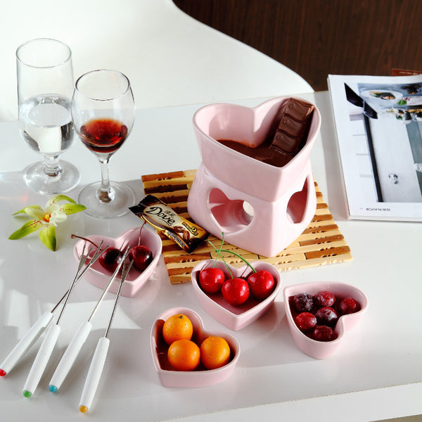 PINK HEART SHAPED CHOCOLATE FONDUE SET